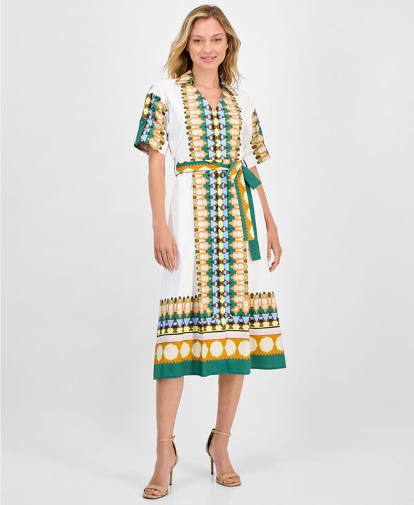 ReVida ŷԾŹ㤨֥ƥϥ ǥ ȥåץ ԡ ץ ߥǥ Tahari Women's Printed Elbow-Sleeve Tie-Waist Split-Neck Midi Dresstep Stone ȡפβǤʤ19,980ߤˤʤޤ