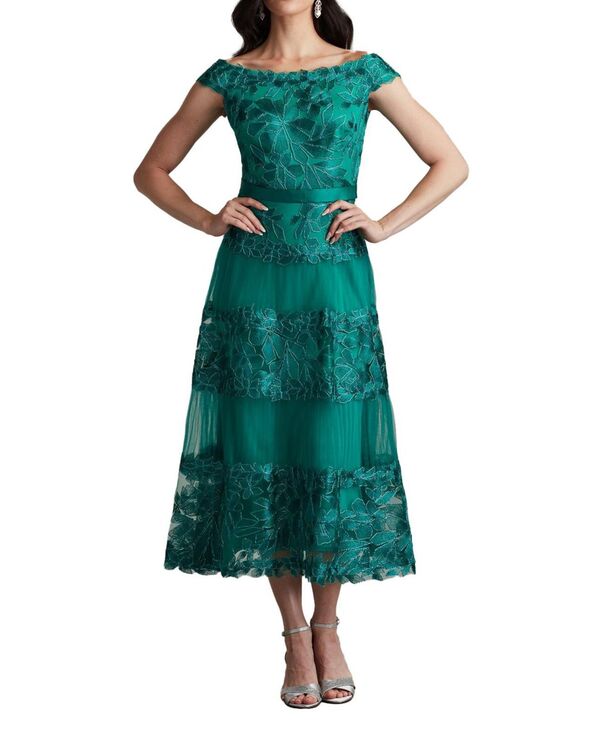 タダシショージ レディース トップス ワンピース フラワー柄 刺繍 フラワー Tadashi Shoji Women's Adriane Floral Embroidered Tea-Length Dress Green グリーン