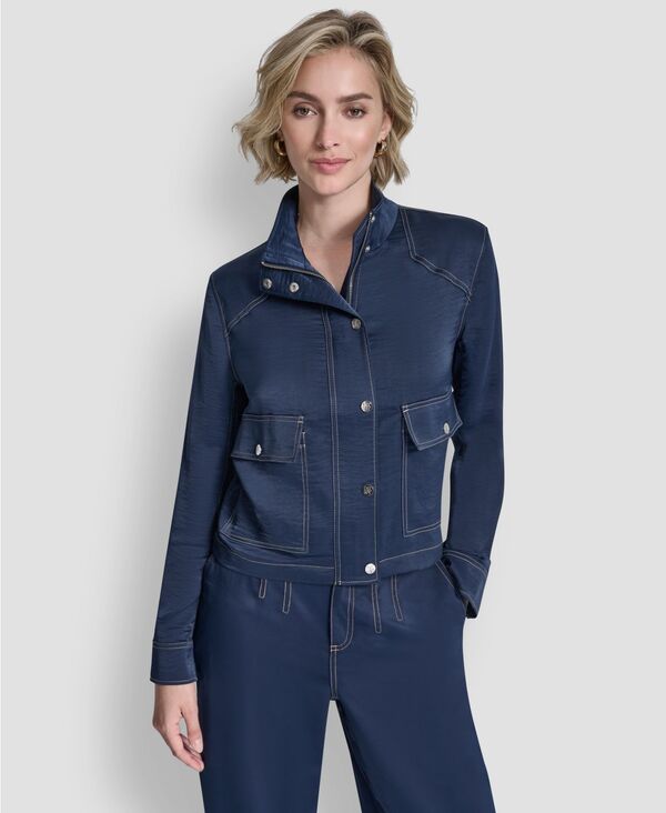 ダナ キャラン ニューヨーク レディース アウター ジャケット・ブルゾン モックネック DKNY Women's Top Stitch Glazed High Mock Neck Dressing Jacket Hudson Blue ブルー(4.0)