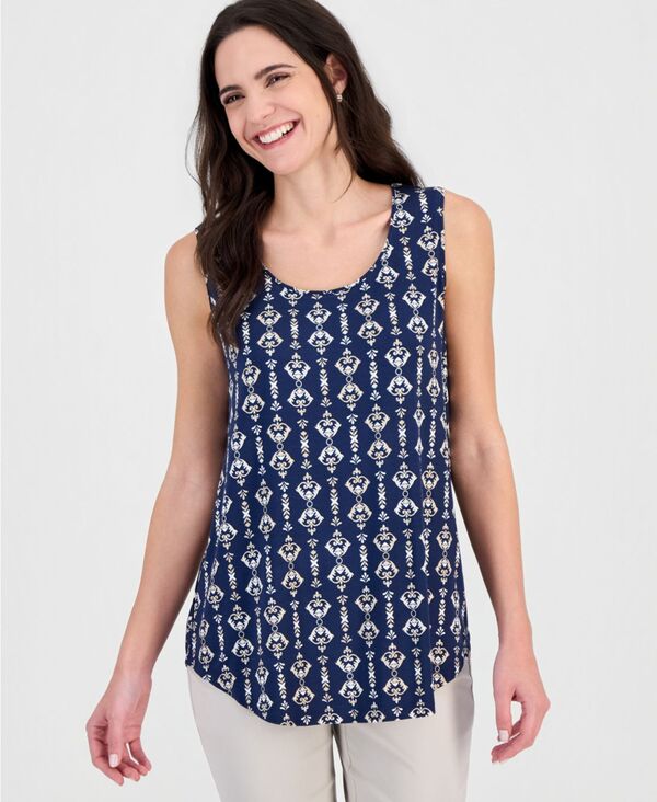 ジェイエムコレクション レディース トップス タンクトップリント ノースリーブ JM Collection Women's Printed Scoop-Neck Sleeveless Tank Top Intrepid Blue ブルー
