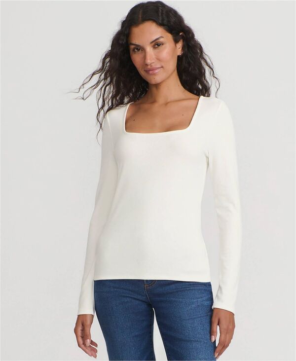 ランズエンド レディース トップス シャツ Lands' End Women's Long Sleeve Rib Square Neck Teeggshell white ホワイト