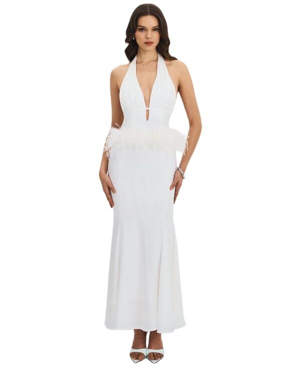 ミスサークル レディース トップス ワンピース 背中開き プリーツ マキシ ホルター Miss Circle Women Solene Pleated Halter Backless Feather-Trimaxi Dress White ホワイト