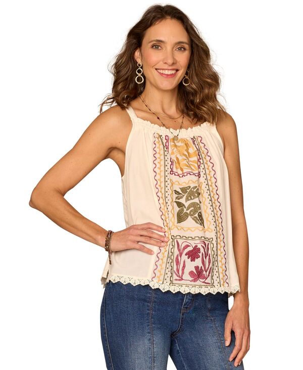 デモクラシー レディース トップス シャツ ギャザー 刺繍 Democracy Women's Ruched Square Neck Embroide red Tank Top Ecru/forest Moss Multi エクリュ