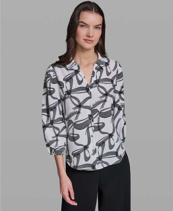 カール ラガーフェルド レディース トップス シャツ プリント KARLAGERFELD PARIS Women's Bow Print Woven Colla red Top Soft White/Black ホワイト