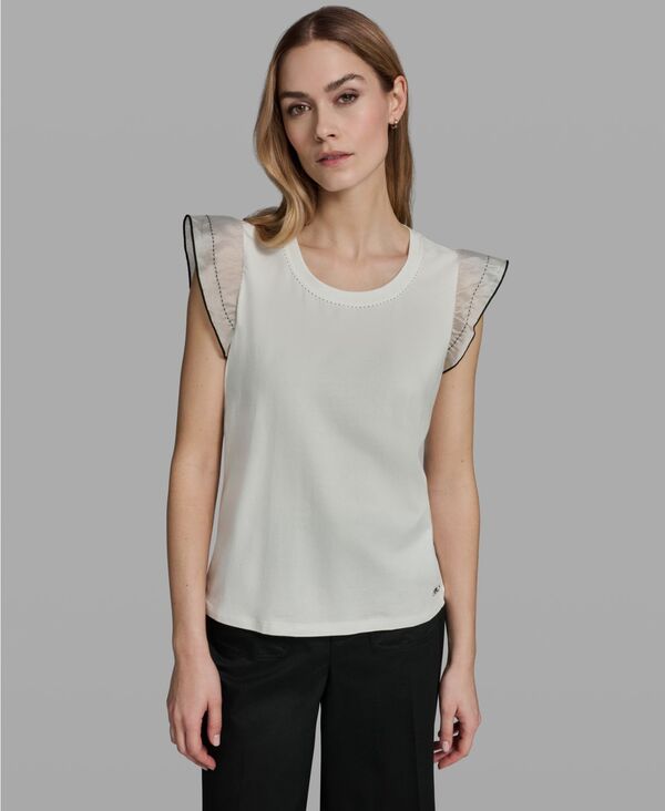 カール ラガーフェルド レディース トップス シャツ クルーネック フリル KARLAGERFELD PARIS Women's Ruffle-Sleeve Crewneck Top Soft White ホワイト