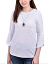 ニューヨークコレクション レディース シャツ トップス Petite 3/4 Tulip Sleeve Top with Necklace White