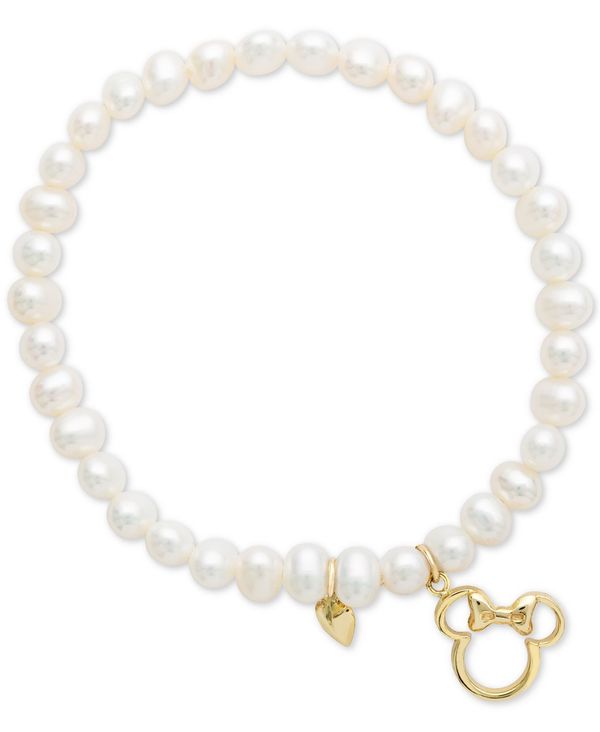 ディズニー レディース ブレスレット・バングル・アンクレット アクセサリー Children's Cultured Freshwater Pearl (4mm) Minnie Mouse Charm Stretch Bracelet in 14k Gold Yellow Gold