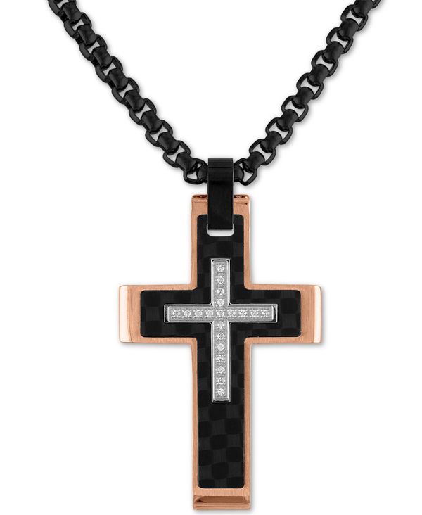 GXN@CA fB[X lbNXE`[J[Ey_ggbv ANZT[ Diamond Cross 22 Pendant Necklace (1/10 ct. t.w.) in Stainless Steel Black Carbon Fiber Rose