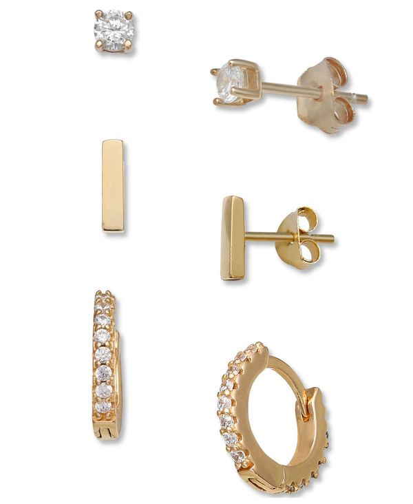 W[j xj[j fB[X sAXECO ANZT[ 3-Pc. Set Cubic Zirconia Stud & Hoop Earrings in 18k Gold-Plated Sterling Silver Gold Over Silver