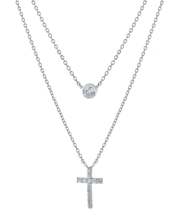 W[j xj[j fB[X lbNXE`[J[Ey_ggbv ANZT[ Double Layered 16 + 2 Cubic Zirconia Solitaire and Cross Chain Necklace in Sterling Silver Silver