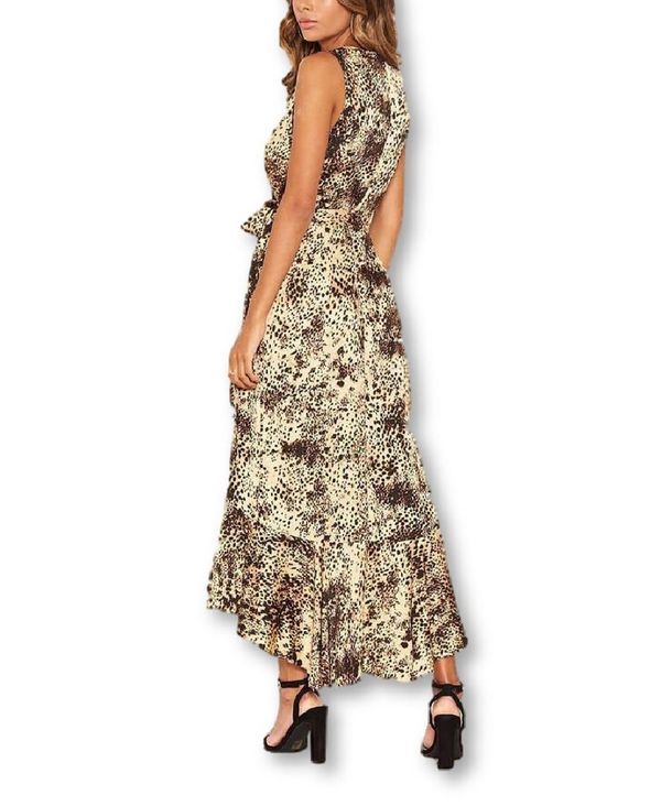 国産最安値 アックスパリ レディース ワンピース トップス Women's Animal Print Wrap Frill Hem Maxi Dress Beige:ReVida 店 新作HOT