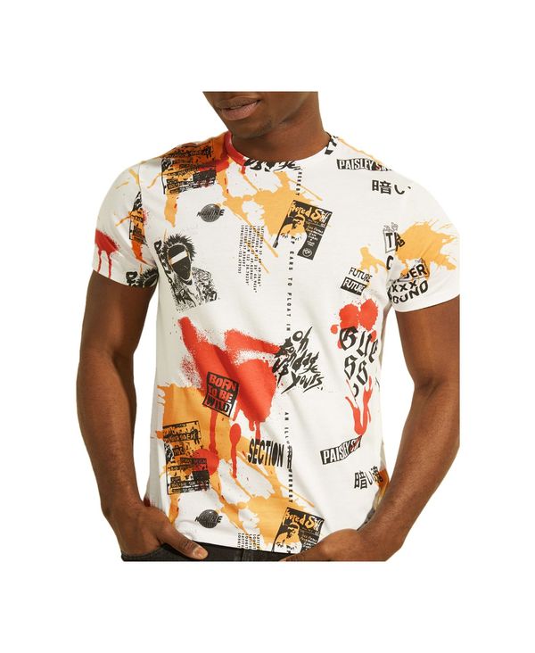 最新品 ゲス メンズ Tシャツ トップス Men's Paint Splatter & Patchwork Graphic T-Shirt Pure White Multi：ReVida 店 低価新品