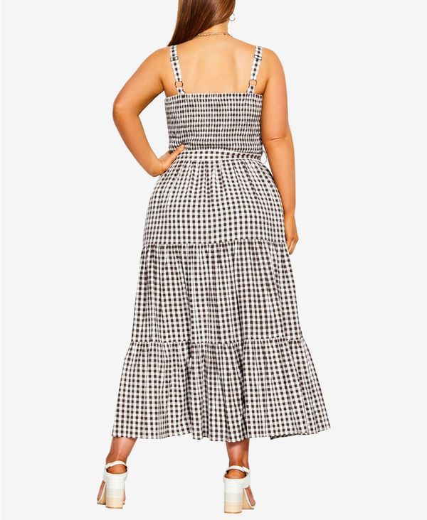新品超特価 シティーシック レディース ワンピース トップス Trendy Plus Size Fresh Gingham Print Tiered Maxi Dress Cocoa Gingham:ReVida 店 お得最新作