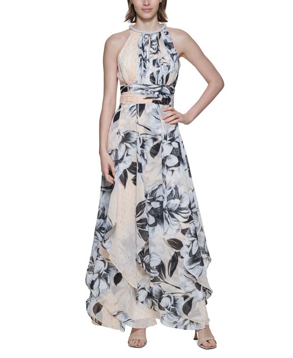 レディースファッション, ワンピース  Metallic-Embroidered Floral-Print Maxi Dress Blossom Multi