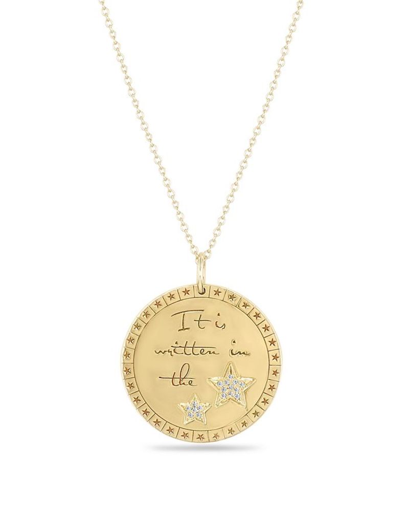 ゾイチッコ レディース ネックレス・チョーカー・ペンダントトップ アクセサリー 14K Yellow Gold Diamond "It's Written in the Stars" Mantra Disc Pendant Necklace, 16-18" Gold