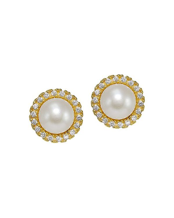 アクア レディース ピアス・イヤリング アクセサリー Cultured Freshwater Pearl & Cubic Zirconia Halo Button Earrings - 100% Exclusive Gold/White