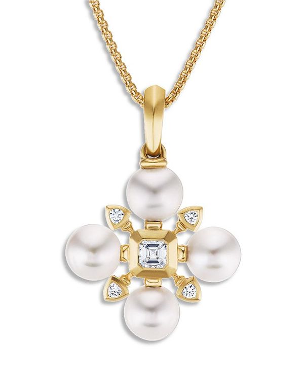 デイビット ユーマン レディース ネックレス チョーカー ペンダントトップ アクセサリー 18K Yellow Gold Renaissance Akoya Pearl Diamond Pendant Necklace, 18 White/Gold