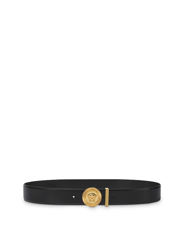 ヴェルサーチ メンズ ベルト アクセサリー Men's Gold Medusa Buckle Leather Belt Black-Versace Gold