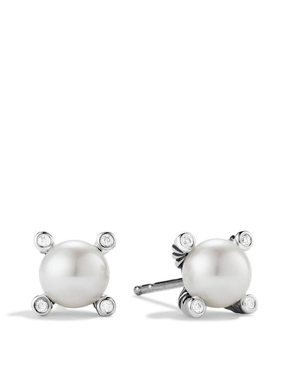 デイビット・ユーマン レディース ピアス・イヤリング アクセサリー Pearl Earrings with Diamonds Silver