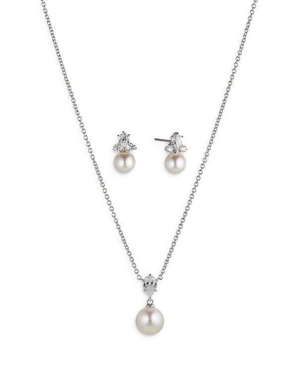 ifB[ fB[X lbNXE`[J[Ey_ggbv ANZT[ Bridesmaids Cubic Zirconia & Simulated Pearl Drop Earrings & Pendant Necklace Set Silver