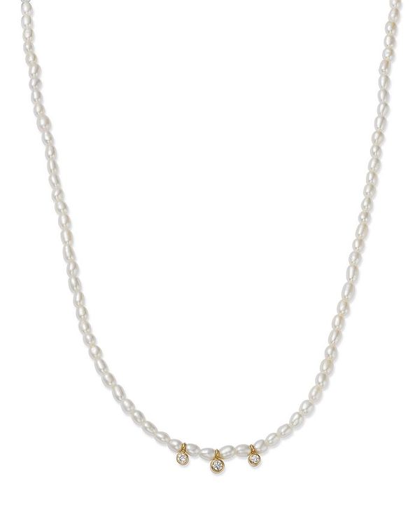 ]C`bR fB[X lbNXE`[J[Ey_ggbv ANZT[ 14K Yellow Gold Beaded White Pearls & Triple Diamond Bezel Necklace, 14-16