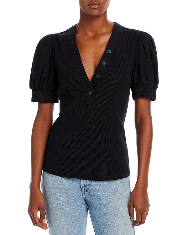 【送料無料】 デレクラムテンクロスバイ レディース シャツ トップス Heather V Neck Puff Sleeve Top Black