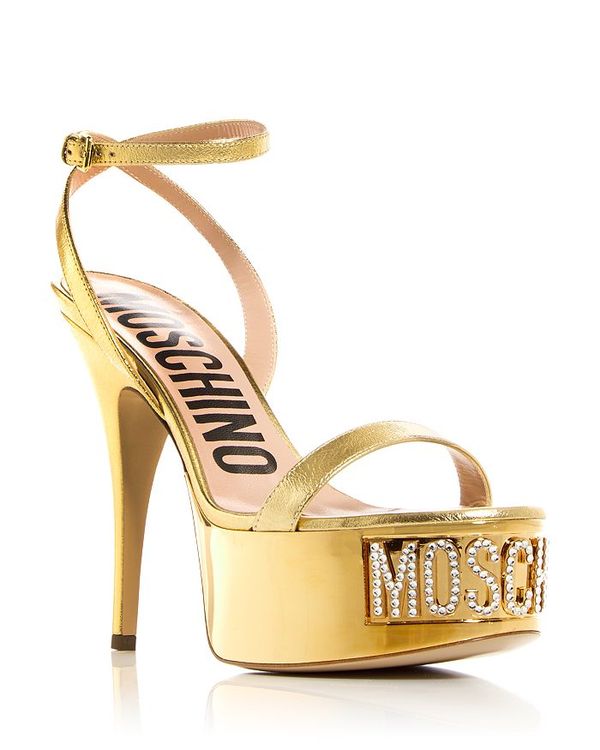 ̵ ⥹ ǥ  塼 Women's Logo Embellished Platform High Heel Sandals Gold