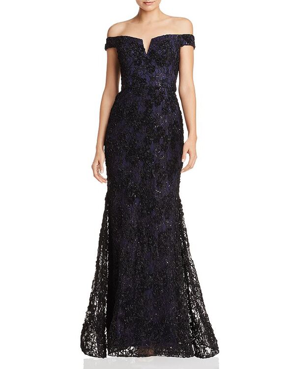 楽天ReVida 楽天市場店【送料無料】 アクア レディース ナイトウェア アンダーウェア Off-the-Shoulder Embellished Lace Gown - 100％ Exclusive Black/Navy