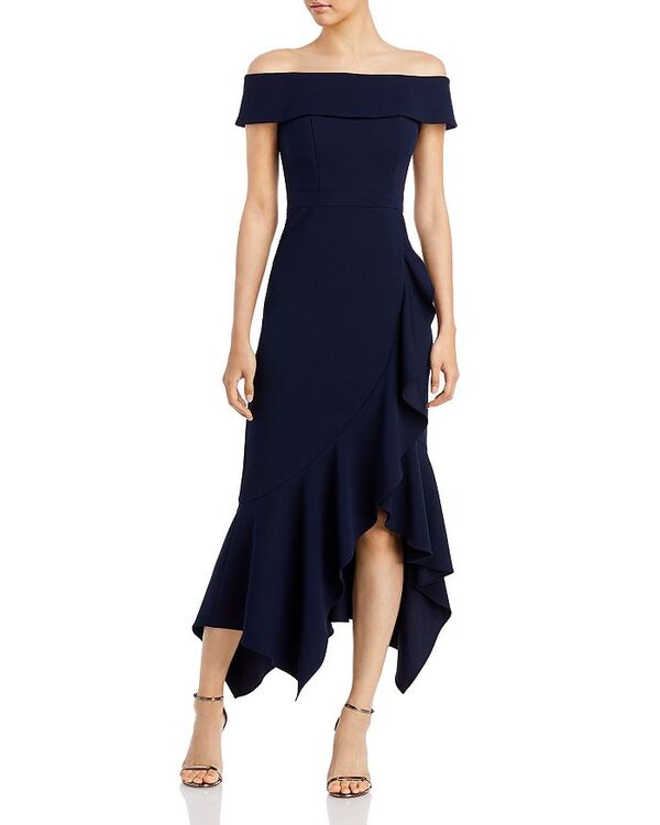 【送料無料】 アクア レディース ワンピース トップス Scuba Crepe Off-the-Shoulder Midi Dress - 100% Exclusive Navy