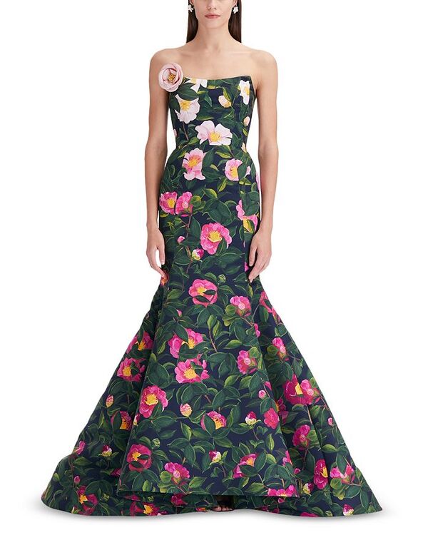 ̵     ǥ ԡ ȥåץ Floral Print Strapless Gown Pink/Navy