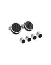 yz ^eIVA Y JtX{^ ANZT[ Rhodium Plated Round Stud & Cufflink Set Black/Silver