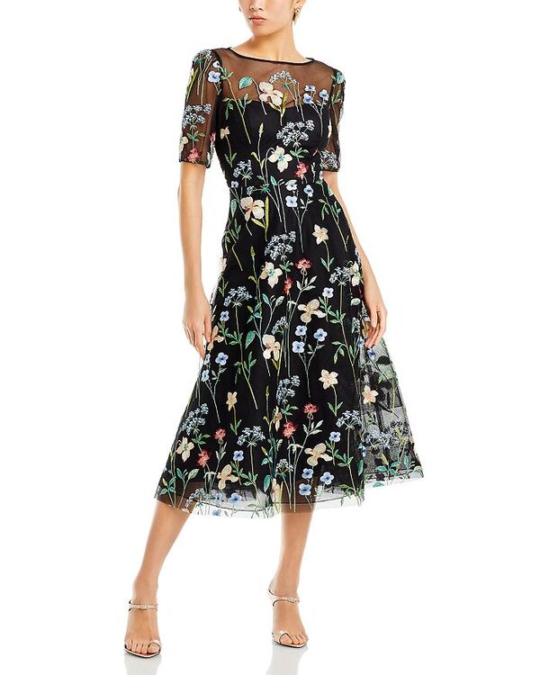 【送料無料】 テリジョンバイリッキーフリーマン レディース ワンピース トップス Floral Embroidered Tulle Midi Dress Black Multi