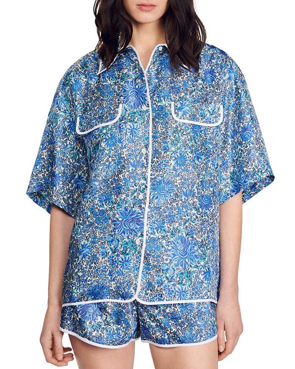 【送料無料】 サンドロ レディース ナイトウェア アンダーウェア Anja Silk Pajama Shirt Blue White