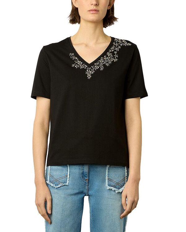 【送料無料】 ジェラルド・ダレル レディース Tシャツ トップス Malie Embellished V Neck Tee Blackのサムネイル