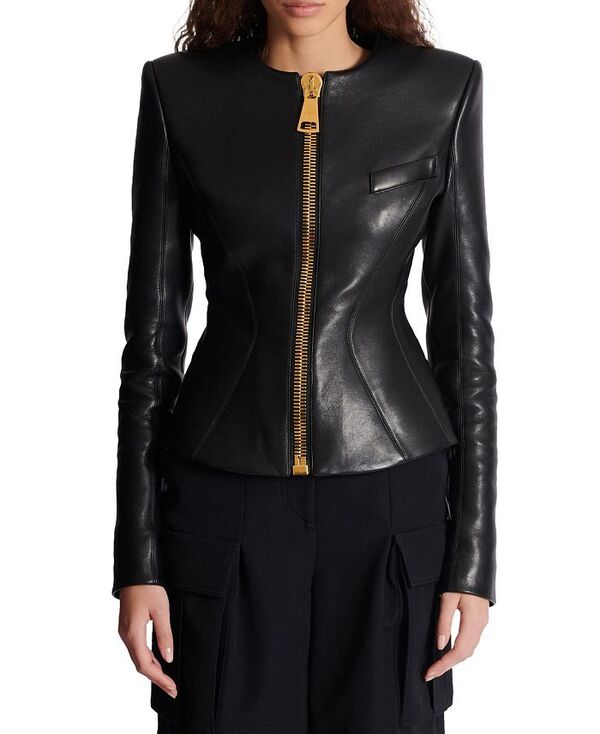 Хޥ ǥ  㥱åȡ֥륾 åץ 㥱å Balmain Cropped Peplum Lambskin Jacket Bl...