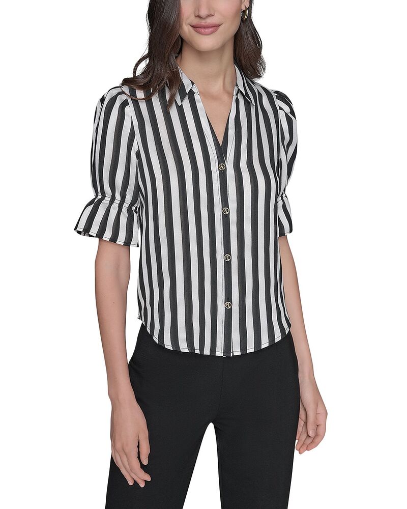 カール ラガーフェルド レディース トップス シャツ ボタンダウン ブラウス KARLAGERFELD PARIStriped Short Sleeve Button Down Blouse Black/Soft White ホワイト