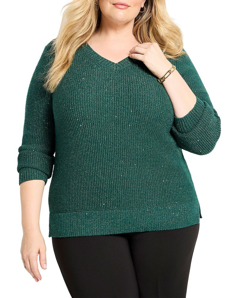 ニックアンドゾー プラス レディース アウター ニット・セーター Vネック NIC+ZOE Plushimmer Waffle V-Neck Sweater Pine