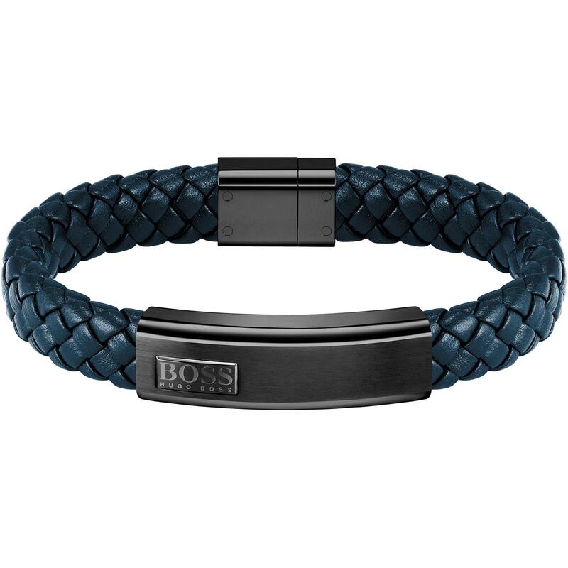 yz {X Y uXbgEoOEANbg ANZT[ Gents BOSS Lander Blue Leather Bracelet Black