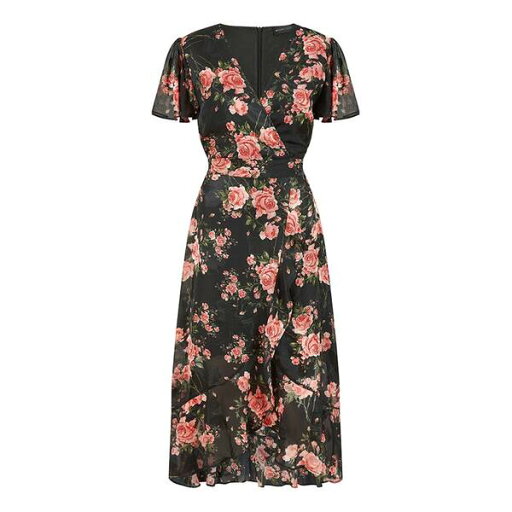 【送料無料】 メラロンドン レディース ワンピース トップス Mela London Black Rose Print Midi Wrap Dress Black 【送料無料】 メラロンドン レディース ワンピース トップス Mela London Black Rose Print Midi Wrap Dress Black