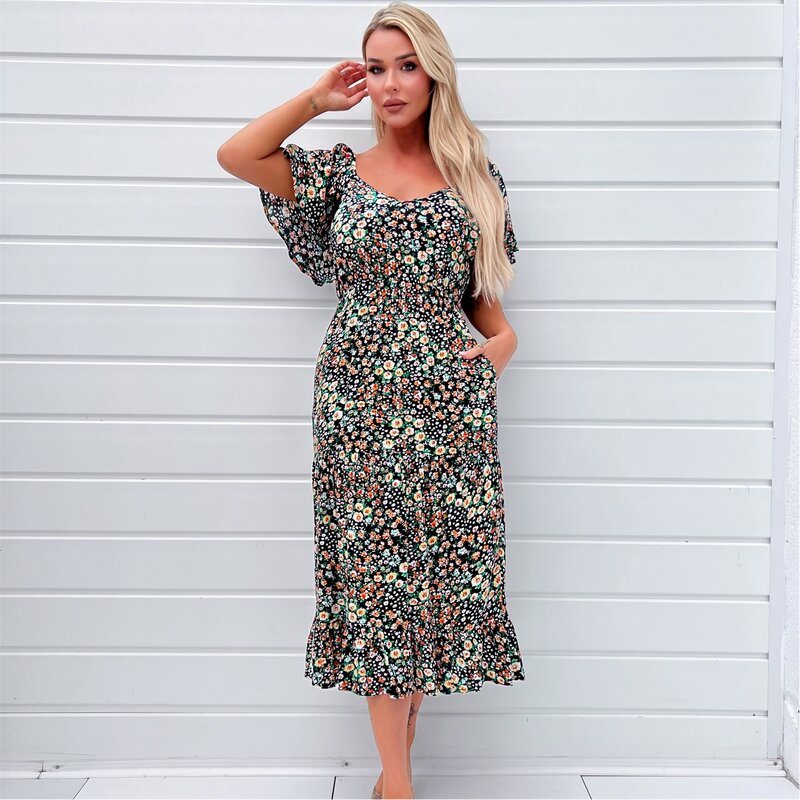 アックスパリ レディース トップス ワンピース ミディワンピース プリント ミディ AX Paris Multi Ditsy Printed Flutter Sleeve Midi Dress Multi マルチカラー