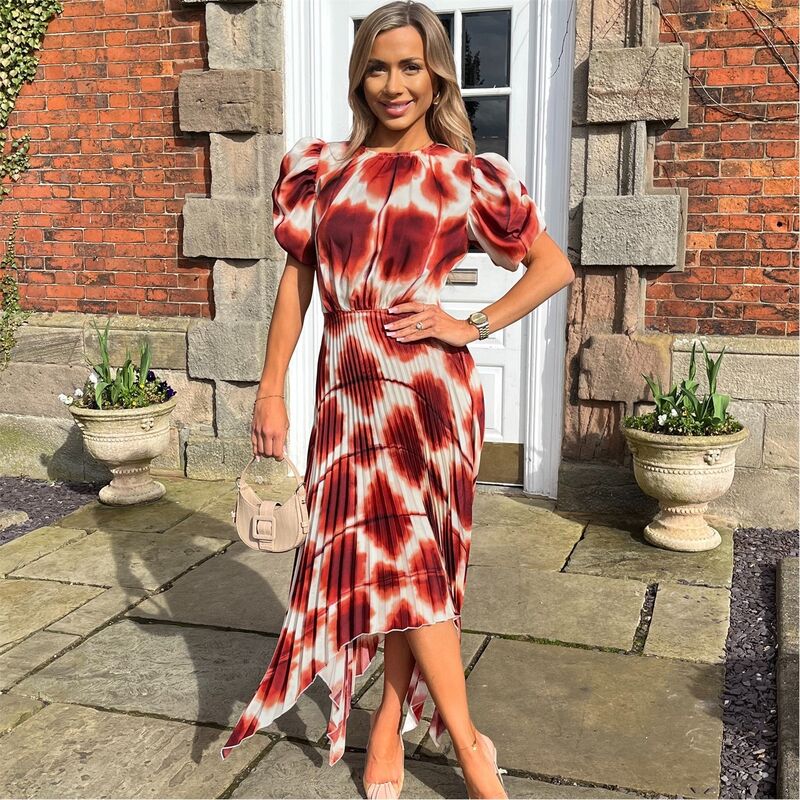 アックスパリ レディース トップス ワンピース ミディワンピース プリーツ プリント ミディ AX Paris Rust Printed Puff Sleeve Zag Hem Pleated Midi Dress Multi マルチカラー