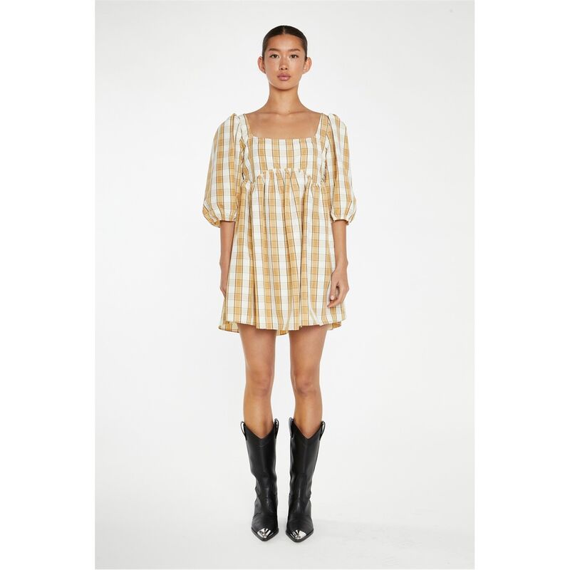 グラマラス レディース トップス ワンピース ミニ Glamorous Beige-Cream Check Square-Neck Smock Mini-Dress Beige ベージュ