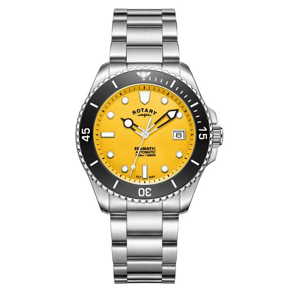 Rotary Men's Accessories Earrings - Rotary Menseamatic Yellow Dial SS Bracelet Watch Silver