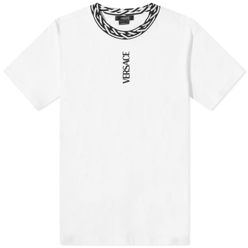 ヴェルサーチ メンズ Tシャツ トップス Versace Greek Band Collar Logo Tee White & Black