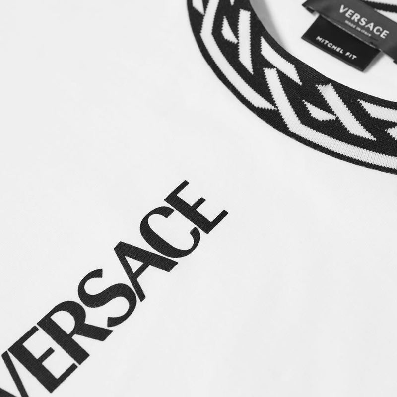 ヴェルサーチ メンズ Tシャツ トップス Versace Greek Band Collar Logo Tee White & Black