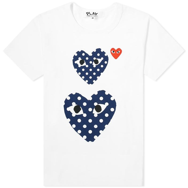 コム・デ・ギャルソン メンズ Tシャツ トップス Comme des Garcons Play Women's Polka Dot Twin Heart Tee White & Navy