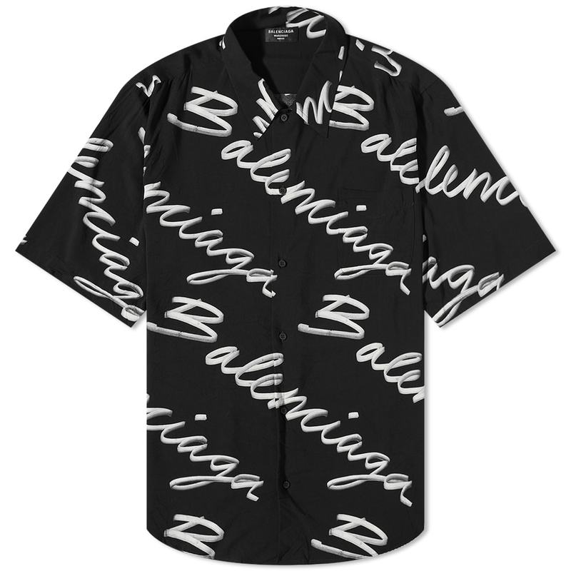 バレンシアガ メンズ シャツ トップス Balenciaga Script Logo Short Sleeve Shirt Black & White