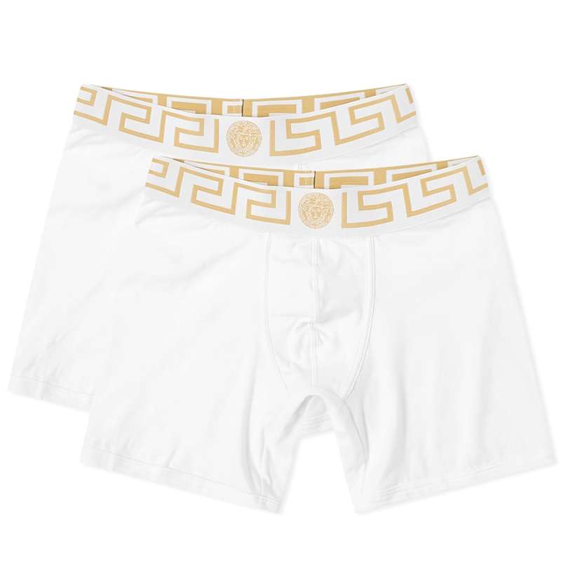 versace 【送料無料】 ヴェルサーチ メンズ ボクサーパンツ アンダーウェア Versace Greek Logo Waistband Boxer - 2 Pack White & Gold