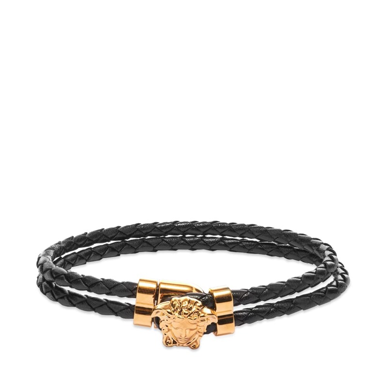 yz FT[` Y uXbgEoOEANbg ANZT[ Versace Leather Medusa Bracelet Black & Gold