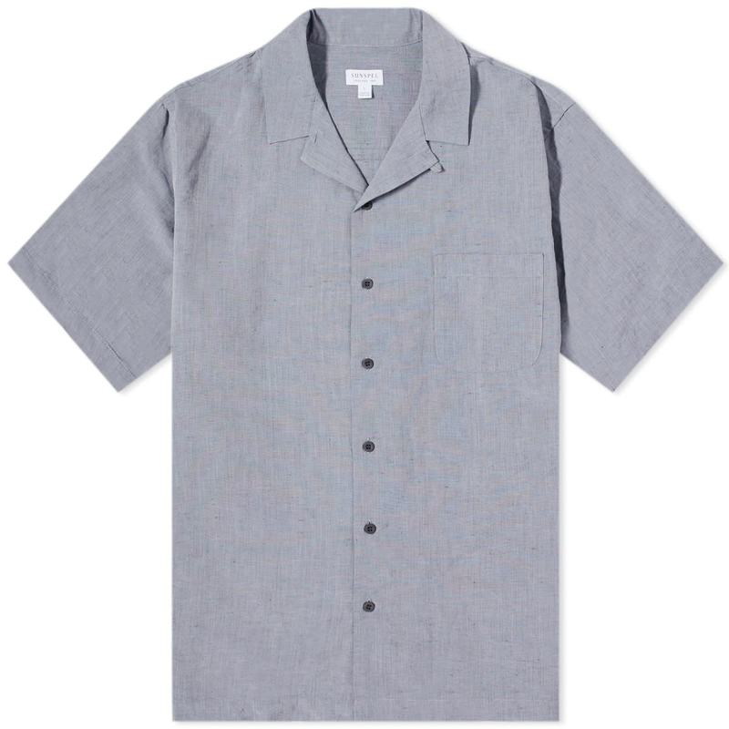 【送料無料】 サンスペル メンズ シャツ トップス Sunspel Cotton Linen Short Sleeve Shirt Light Navy Melange